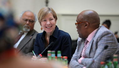 Former Board Chair, South Africa Minister of Home Affairs, Dr. Aaron Motsoaledi, and Vice-Chair, Dr. Joanne Carter, presiding over the Stop TB Partnership's 29th Board Meeting, Berlin, Germany.